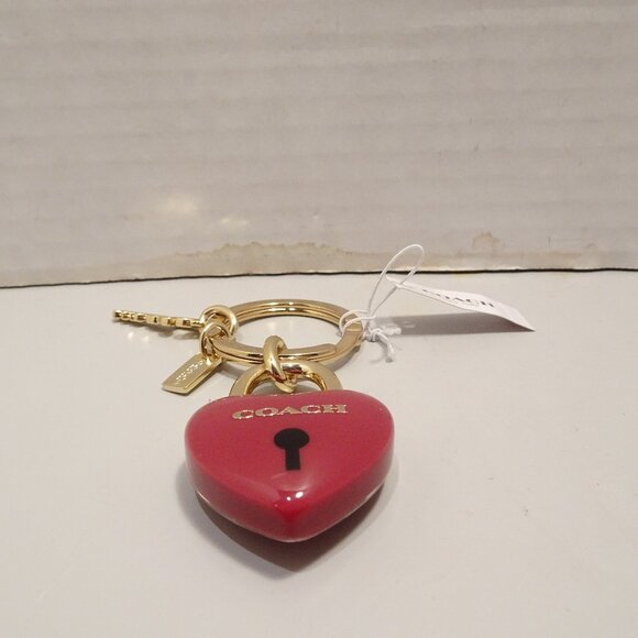 Coach Red Heart Padlock Lock Key Keychain Fob Charm NEW F65162 RARE Lucite - Picture 1 of 4